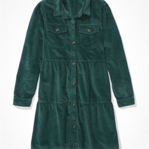 Green AE corduroy button up babydoll shirt dress